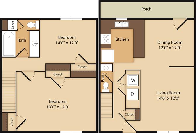Floor plan for 2 beds, 1.5 baths, 1225 sqft